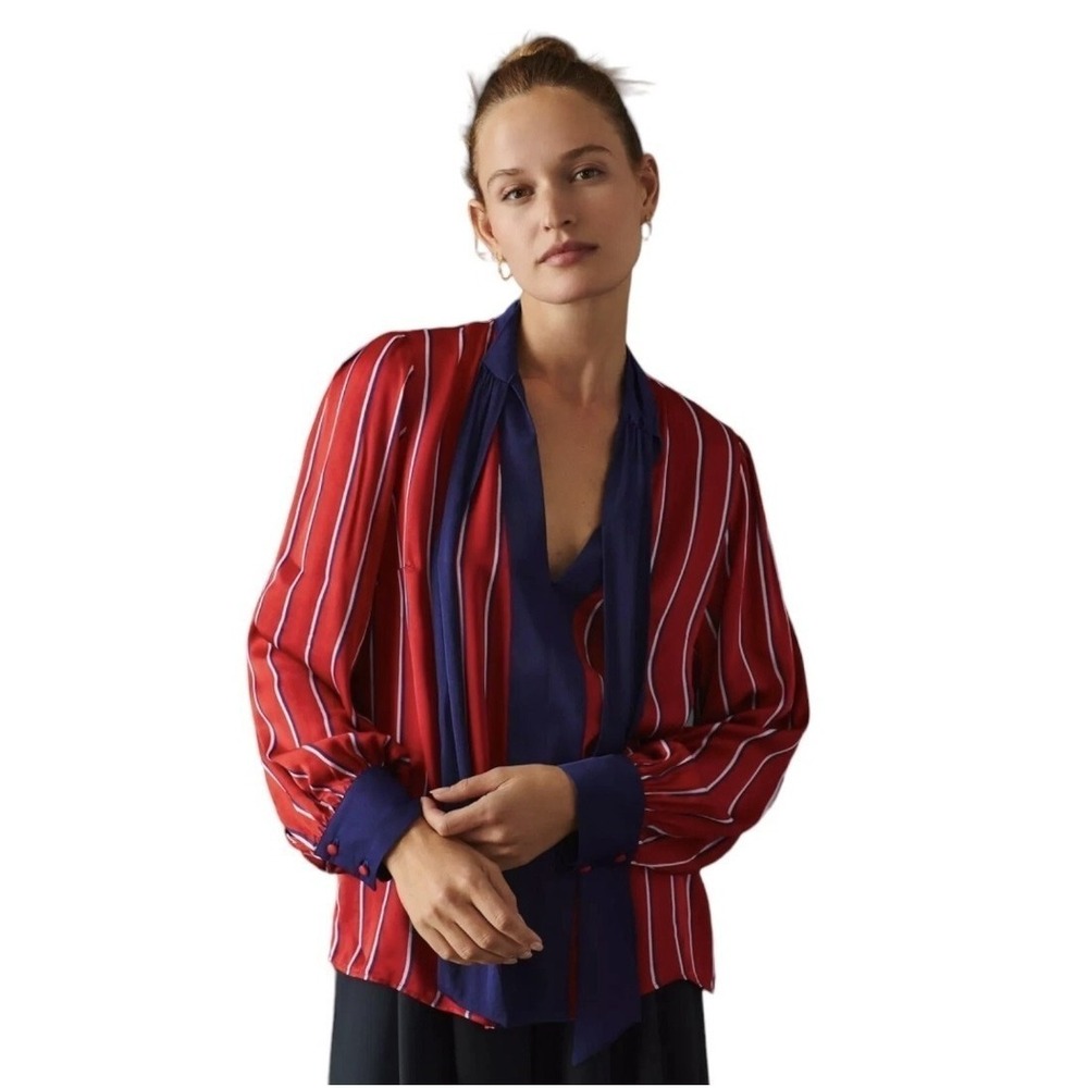 Maeve Anthropologie NWT Red Stripe Tie Neck Blouse Medium Office Preppy Chic